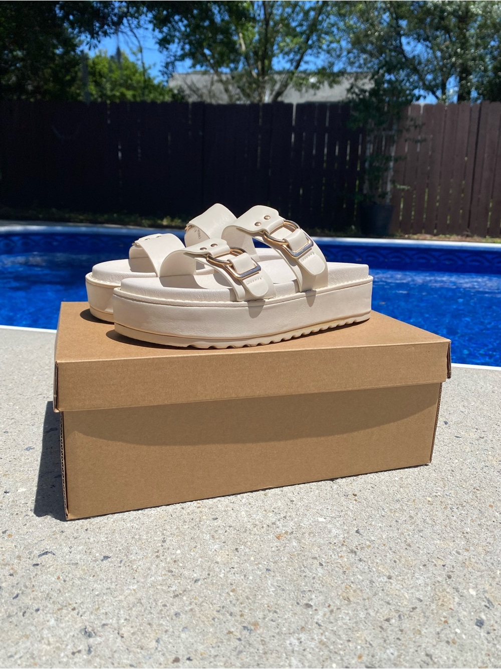 Steve Madden Brooklin Cream Platform Double Buckle Slide Sandals